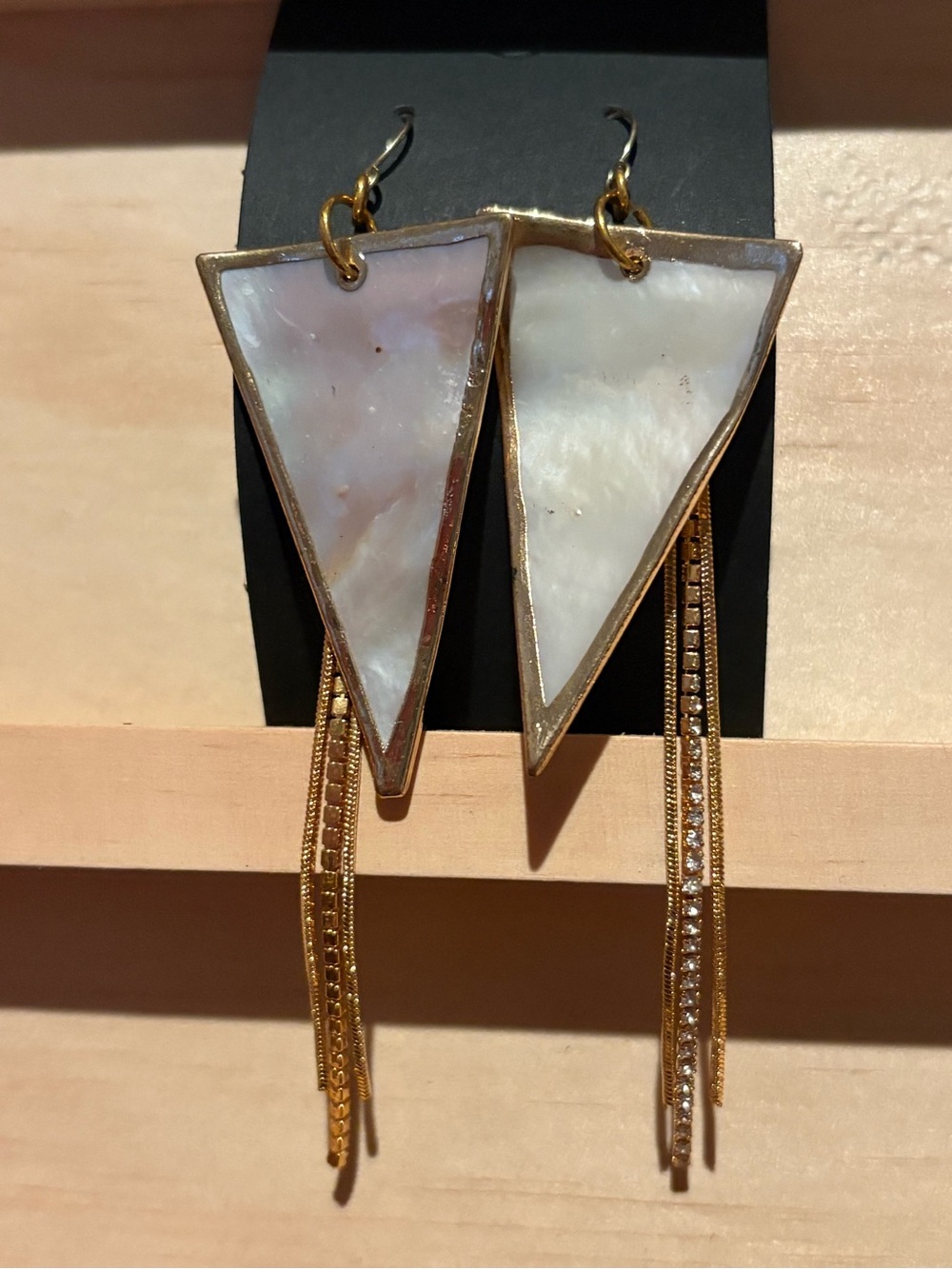 Handmade Gold Fringe Triangle Mother-of-Pearl Drop Earrings